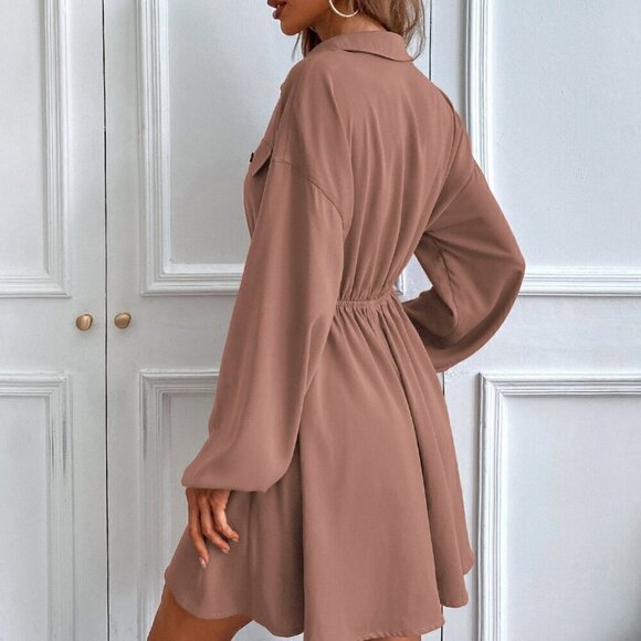 Dusty Pink Casual Women's Lantern Sleeve Flap Detail Shirt Dress Without Belt - Picture 3 of 7